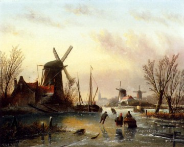 Un barco con paisaje de río congelado Jan Jacob Coenraad Spohler Pinturas al óleo